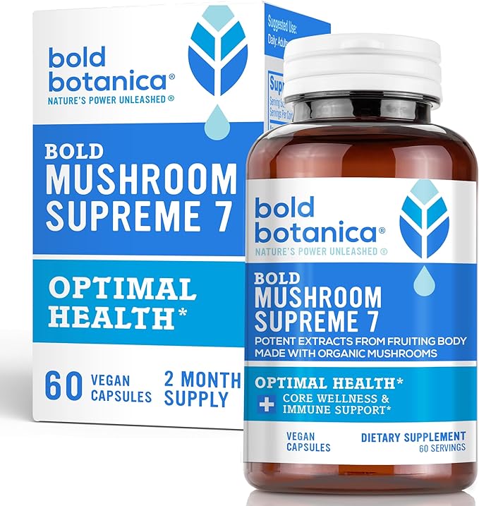 Mushroom Supreme 7 – Mushroom Supplement – Organic Extracts of Turkey Tail, Chaga, Phellinus, Reishi, Cordyceps, Maitake, Shiitake for Immune Support & Optimal Wellness, 60 Caps