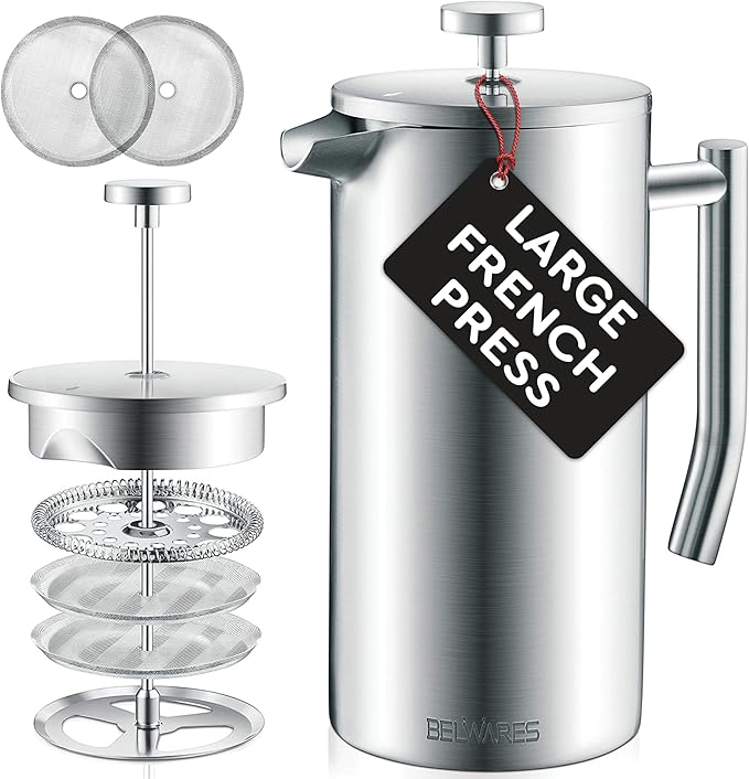 Belwares French Press Coffee Maker 50 Oz – Insulated Coffee Press Stainless Steel 304 Large – Double Wall, & 4 Level Filtration System (1.5 Liter) – Silver