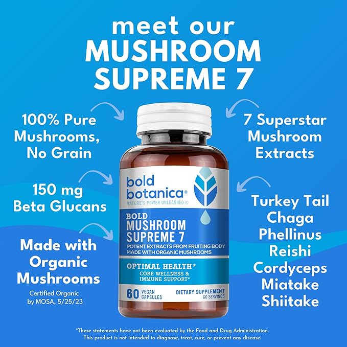 Mushroom Supreme 7 – Mushroom Supplement – Organic Extracts of Turkey Tail, Chaga, Phellinus, Reishi, Cordyceps, Maitake, Shiitake for Immune Support & Optimal Wellness, 60 Caps