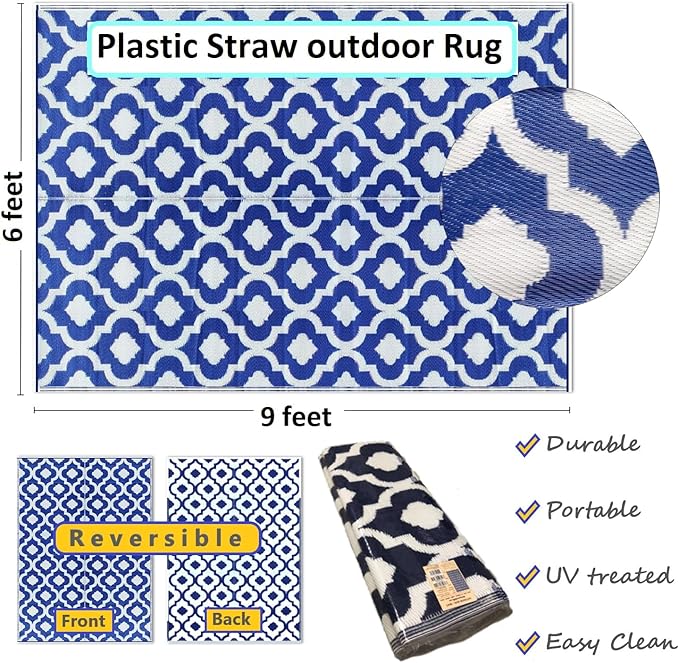 BalajeesUSA Recycled Outdoor Plastic Patio Rugs Clearance Waterproof RV Camper Rug Large Reversible mats 6'x9' Blue & White 20317