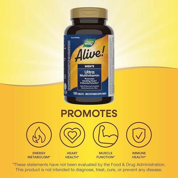 Nature's Way Alive! Men's Daily Ultra Multivitamin, Promotes Healthy Heart & Muscle Function*, with B-Vitamins Including Methylated B12, Gluten Free, 150 Tablets