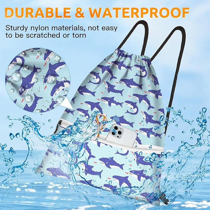 Slohif Drawstring Backpack Beach Swim Bag for Kids Little Sharks Draw String Dance Travel Cinch Ballet Gym Bags for Girls Boys Waterproof Backpack for Swimming Summer Camp Pool Sports Nylon Large