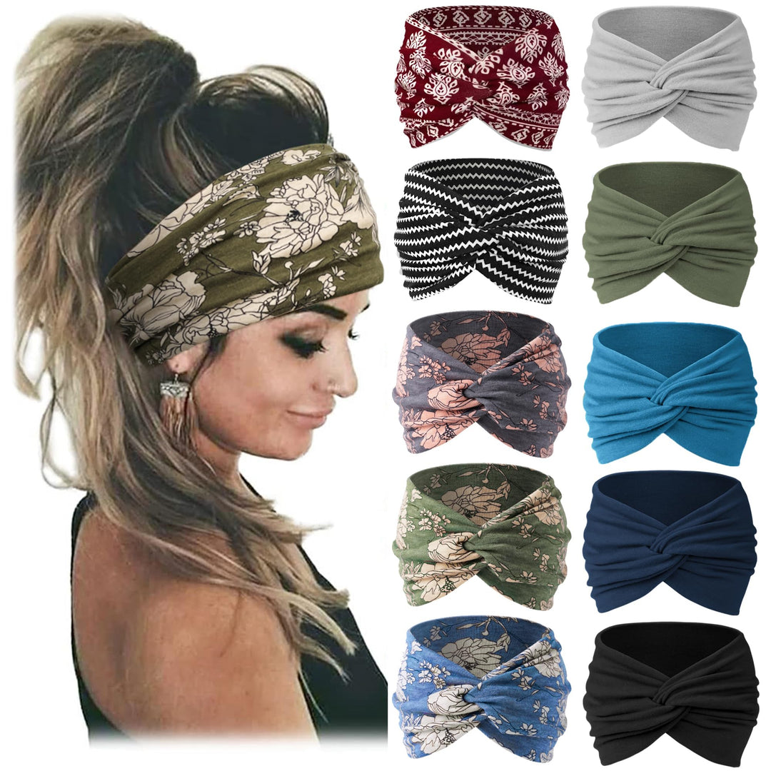 Jesries 10 PCS Women Headbands African Wide Hair Wrap Extra Turban Head Bands for Lady Large Sport Workout Stretch Non-slip Big Hair Bands