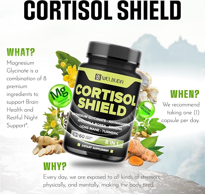 8in1 Cortisol Shield - Ashwagandha and Magnesium, Rhodiola Rosea, Lions Mane, Gingsen, and 3 More - Relaxation & Restful Night Support & Mood Balance - 60 Count