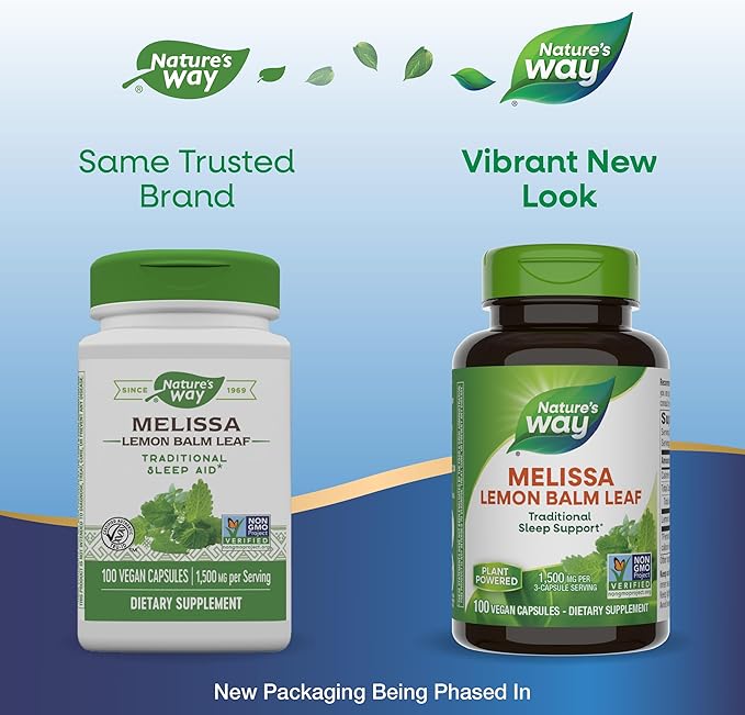Nature's Way Melissa Lemon Balm Leaf, Traditional Sleep Support*, 1,500 mg per 3-Capsule Serving, Non-GMO Project Verified, 100 Vegan Capsules (Packaging May Vary)