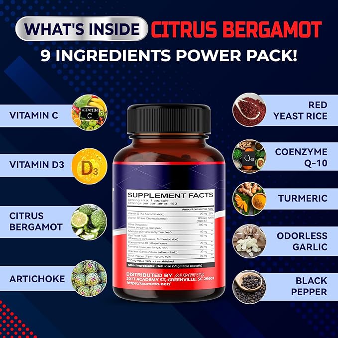 Citrus Bergamot Supplement with Red Yeast Rice, CoQ10, Artichoke, Vitamin D3 - Support Overall Circulation Wellness and Immune System (150 Count (Pack of 1))