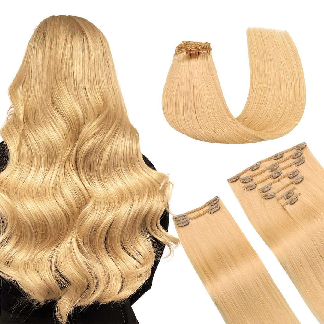 Maxita Human Hair Extensions Clip In,150G 9Pcs Beige Blonde 20 Inch,Hair Extensions Clip In Real Human Hair Remy Hair Extensions