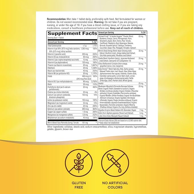 Nature's Way Alive! Men’s 50+ Daily Ultra Multivitamin, High Potency Formula, Supports Healthy Brain, Eyes & Heart*, with Methylated B12, Gluten-Free, 60 Tablets (Packaging May Vary)