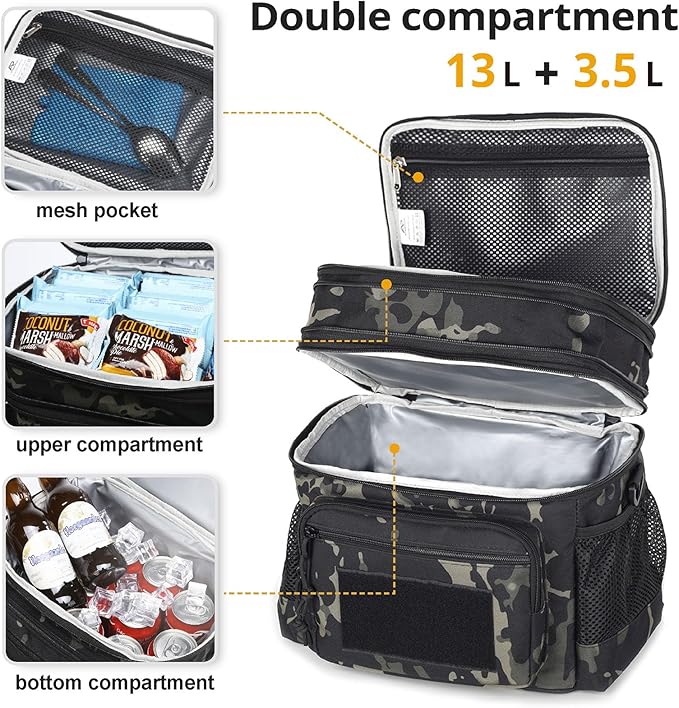 ATRIPACK Lunch Bag for Men, Double Deck Tactical Lunch Box Work with Shoulder Strap MOLLE Webbing Large Lunch Cooler Leakproof Insulated （Camo-Black）