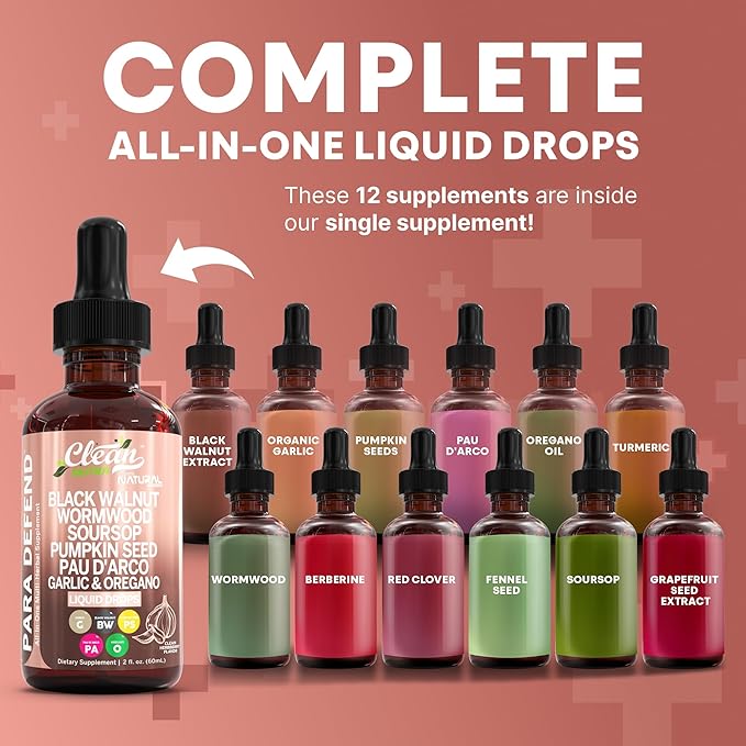 para Defend Wormwood Black Walnut Cleanse for Humans Drops Liquid Soursop Garlic Pumpkin Seed PAU D'Arco Oil of Oregano Turmeric Berberine Neem Extract Hull Bark Tincture by Clean Nutra