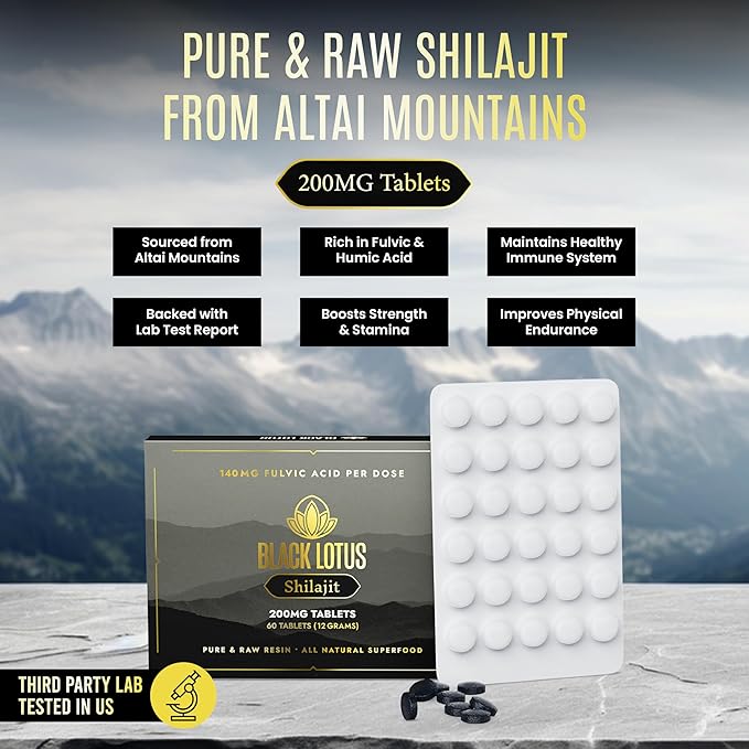 Resin Tablets, 60 Count, 200mg Each, 100% Pure Natural Shilajit for Men & Women with Amino Acids, 140mg Fulvic Acid, 85 Ionic Trace Minerals, for Immune Support, Focus, Energy