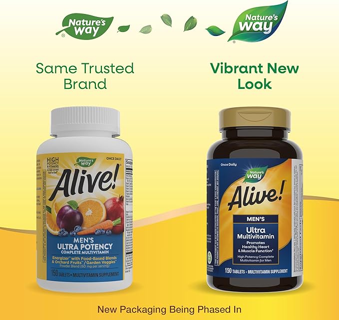 Nature's Way Alive! Men's Daily Ultra Multivitamin, Promotes Healthy Heart & Muscle Function*, with B-Vitamins Including Methylated B12, Gluten Free, 150 Tablets