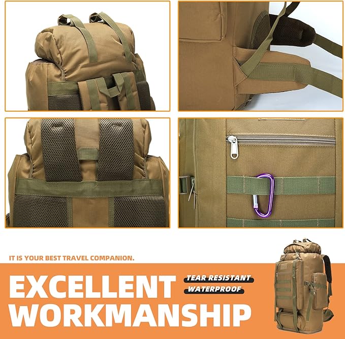 70L/100L Hiking Camping Backpack MOLLE Rucksack Waterproof Daypack for Traveling (Khaki)