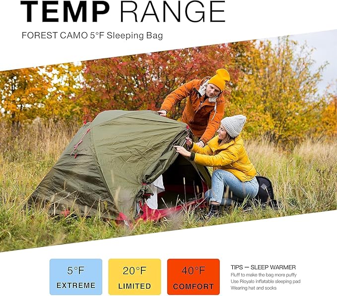 5°F Cold Weather Sleeping Bags for Adults Camping | Big and Tall Winter Sleeping Bag w. Compression Sack for Backpacking, Hiking | Waterproof, Portable | Camouflage
