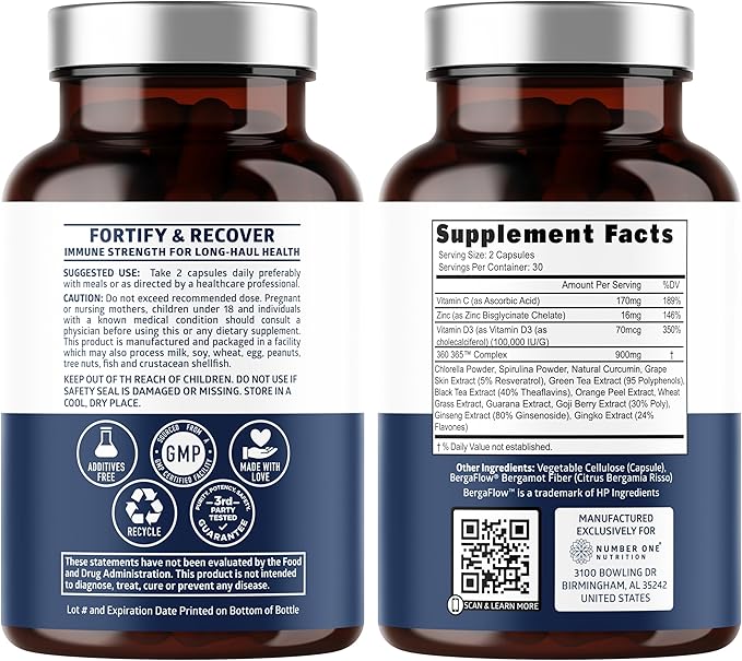 N1N LHC+ 15-in-1 Immune Support Supplement with Spirulina, Turmeric, Ginseng, Guarana, Vitamin D and Vitamin C for Immunity, Energy and Long-Haul Relief, 60 Veg Caps, Bottle Color May Vary