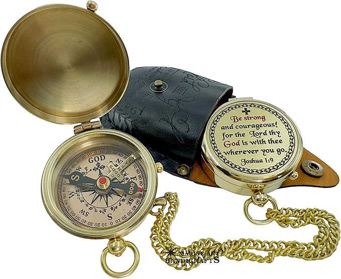 Be Strong and Courageous Brass Religious Compass Gift Confirmation Baptism Easter Christian Catholic Graduation Trekking Adventure Engraved Scripture Prayer Gift for Men Women Teenage Boys Girls