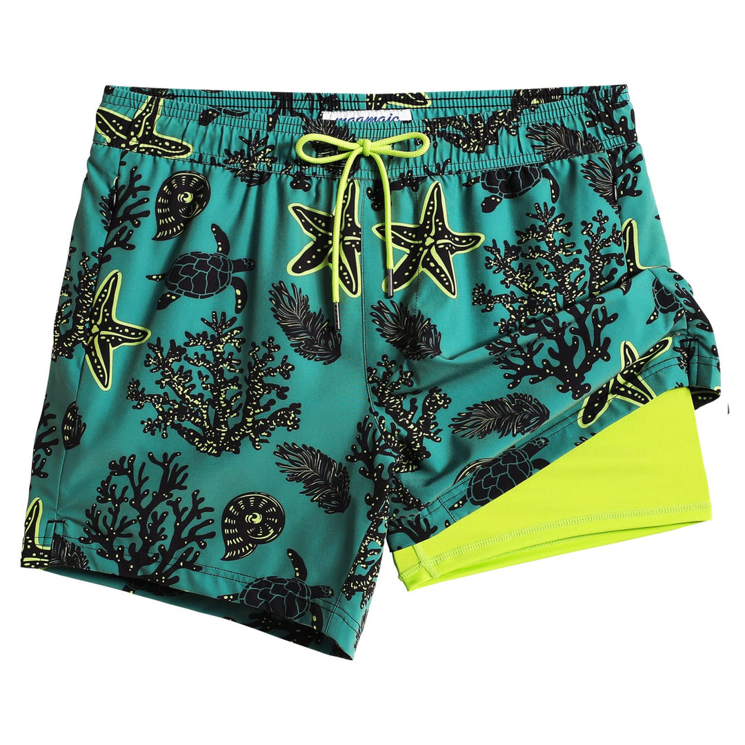 maamgic Mens Swim Trunks with Compression Liner 5" Stretch Beach Shorts Quick Dry with Zipper Pockets No-Chafing Board Shorts Green-Sea World XS