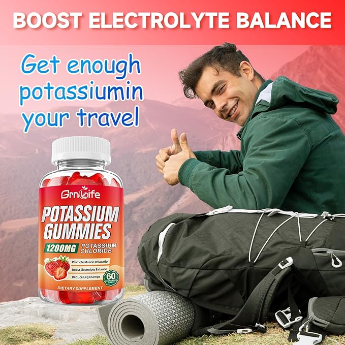Potassium Gummies for Adults, Potassium Chloride Gummies 1200mg Support Leg Cramps & Electrolyte Balance, Strawberry Flavor 60 Count