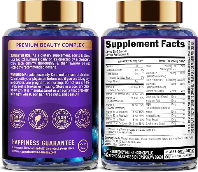 Biotin Gummies with Collagen - Hair Growth Support Skin, & Nail Strength - for Women & Men - Biotin 10000mcg | Keratin | Hyaluronic Acid | B-Complex | Saw Palmetto - Sugar-Free, Blueberry - 60 Gummy