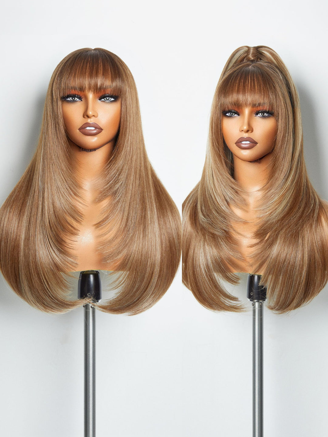GORGIUS Highlight Straight Layered Wigs with Bangs Glueless Light Brown with Blond Highlights 22 Inch Wigs Crafted with Style-Archive Premium Fiber Natural Hairline