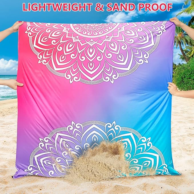 Beach Blanket, Wateresistant Sandproof Sand Free Beach Mat with Corner Pockets Portable Bag for Beach Festival,Picnic,Travel and Outdoor Camping Activties (Gradiant-Mandarin)