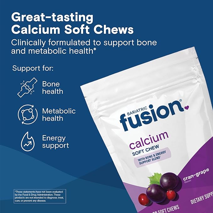 Bariatric Fusion Bariatric Calcium Chews | Calcium Citrate with Vitamin D3 Calcium Supplement Bariatric Vitamin | Sugar Free Calcium Citrate Chewable | Calcium Citrate 500mg | Cran Grape | 60 Count