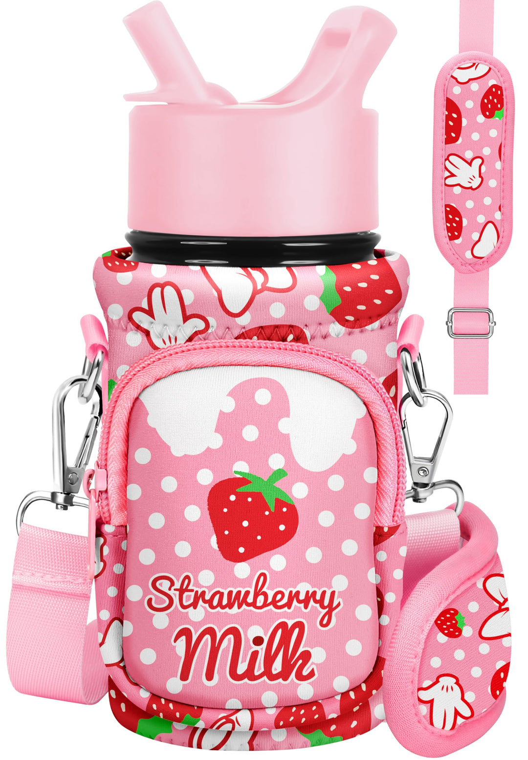 Water Bottle Carrier with Strap Cartoon Water Bottle Bags Holder for Kids Boys Girls Neoprene Insulated Bottle Bag for 10/12/14/16/18Oz Stainless Steel Glass Bottles Sleeve, Strawberry Milk