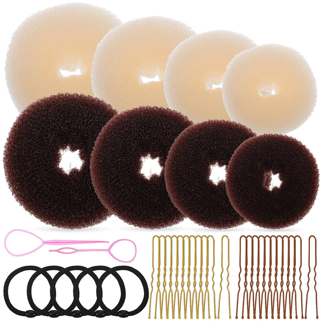 Beaupretty Hair Bun Maker Set - 8 Donut Makers, 40 U-Shaped Bobby Pins, 5 Black Hair Ties, 2 Pink Hair Tail Tools