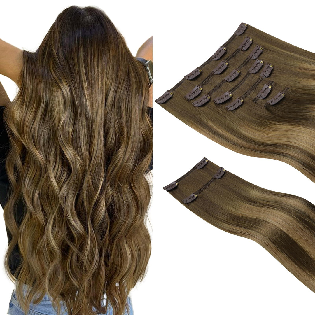 Hotbanana Clip In Hair Extensions Real Human Hair 140G 9Pcs 20 Inch Balayage Chocolate Brown To Caramel Blonde Clip In Human Hai