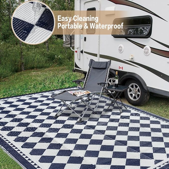 Outdoor Waterproof Rug 8'x10' Plastic Straw Rugs Washable Reversible Floor Mat Blue Plaid Carpet for Camping RV Deck Entryance Porch Picnic Balcony Beach Backyard