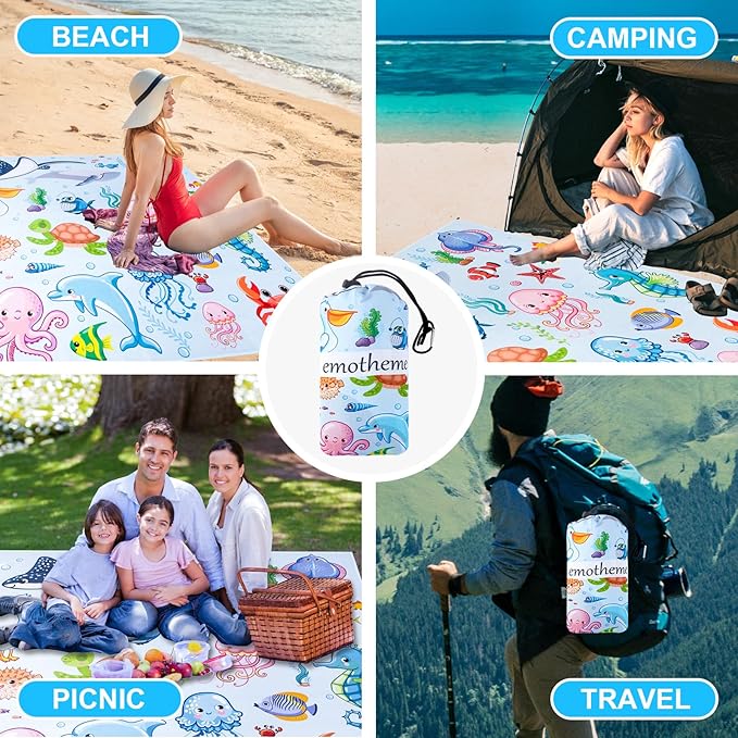 Beach Blanket, Sandproof Beach Mat 79" X 82" for 4-7 Adults, Large Waterproof Beach Blanket Quick Drying Lightweight Beach Blanket with 4 Stakes for Travel Camping Hiking (Ocean)