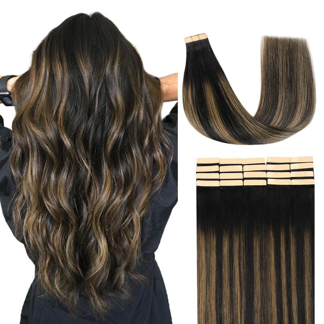 Lashey Tape in Hair Extensions Human Hair 24 Inch Long Straight 50g 20pcs Tape in Extensions Natural Black Mixed Chestnut Brown Invisible Tape in Hair Extensions Human Hair