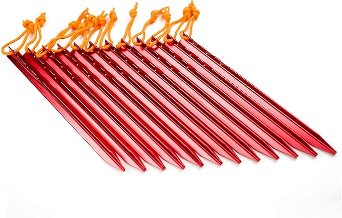 Aluminum Tent Stakes Pegs, 12-Pack Aluminum Ground Pegs with Reflective Pull Ropes, Heavy Duty Tri-Beam Metal Stakes Pegs for Backpacking Camping Tents Hammocks and Canopy