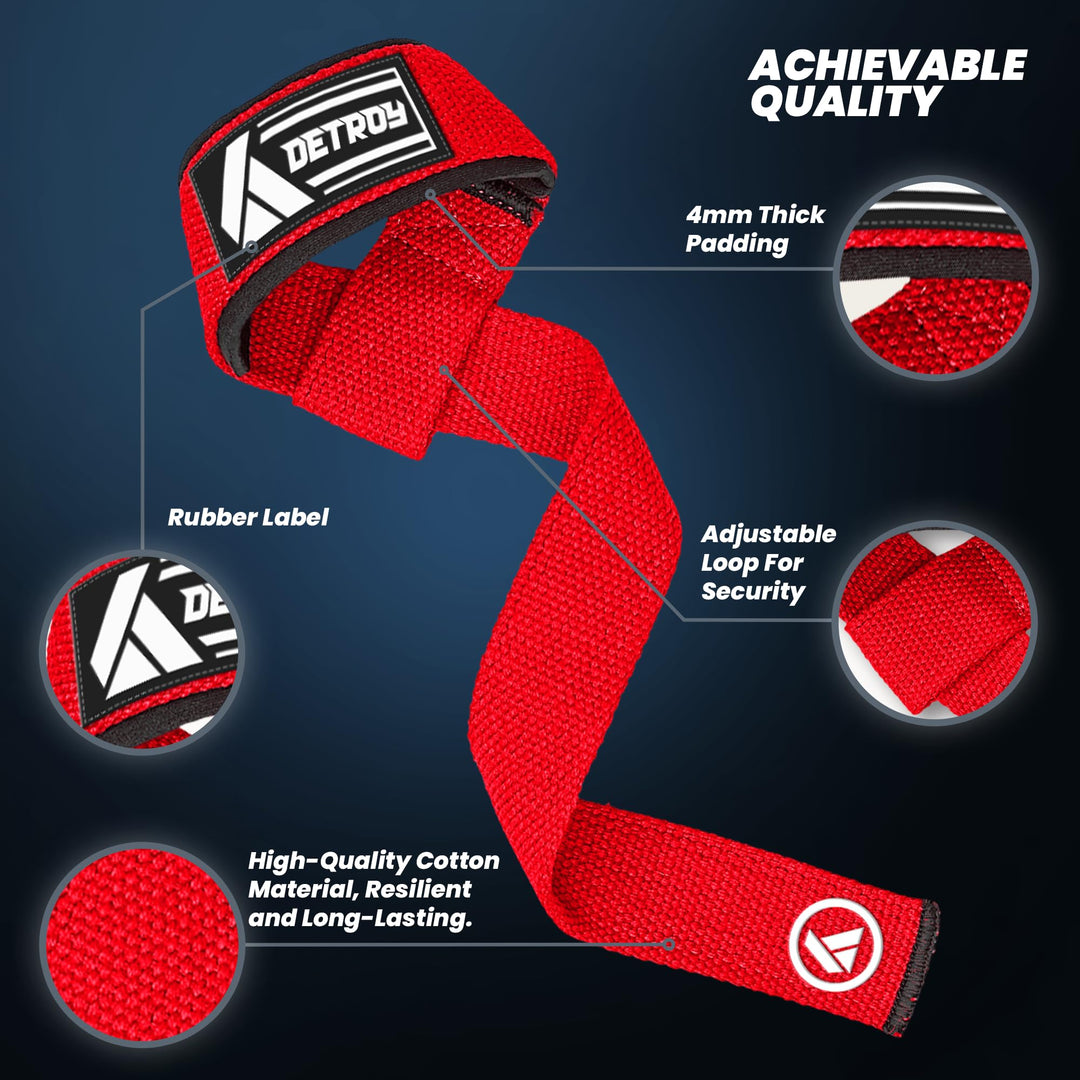 Detroy® Lifting Wrist Straps for Weightlifting, Deadlifts, Bodybuilding, Powerlifting, Gym Strength Training Workouts - Padded Neoprene with 24 inch Webbing Cotton with Silicone Grip for Men & Women (Red)