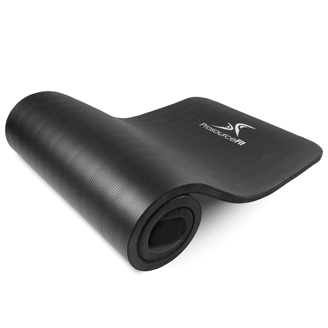 ProsourceFit Extra Thick Yoga and Pilates Mat ½” (13mm) or 1" (25mm), 71-inch Long High Density Exercise Mat with Comfort Foam and Carrying Strap, Black