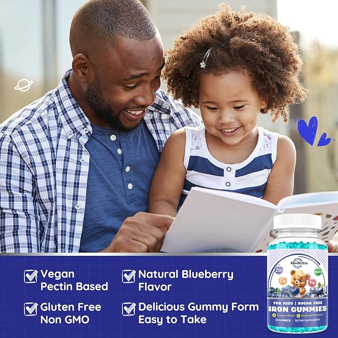 with Calcium, Zinc, Kids Multivitamin with Iron Gummies - Immune Support, Blood Builder & Energy Support for Iron Deficiency, Anemia, Vegan - 60 Gummies Blueberry Flavor