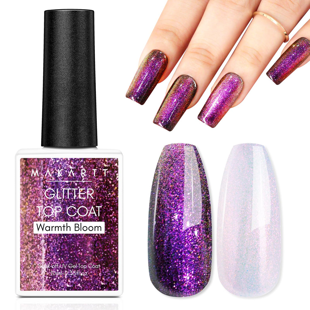 Makartt Glitter Gel Top Coat Nail Polish, Pink Aurora No Wipe, Uv/Led Needed Long Lasting High Shine Glossy Warmth Bloom Shimmer
