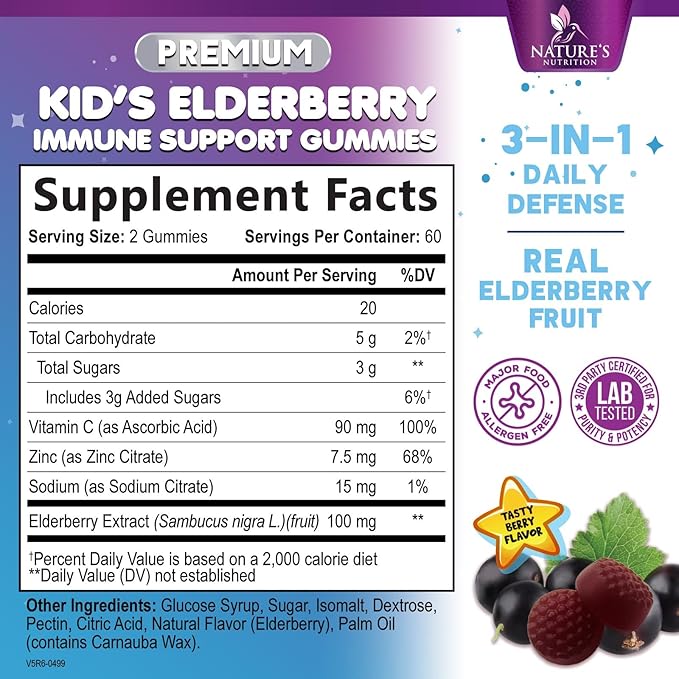 Children's Daily Immune Support Gummies with Real Elderberry + Vitamin C & Zinc to Support Kids Healthy Immune System, Natures Sambucus Elderberry Gummy, Chewable Supplement, Gluten-Free, 120 Gummies
