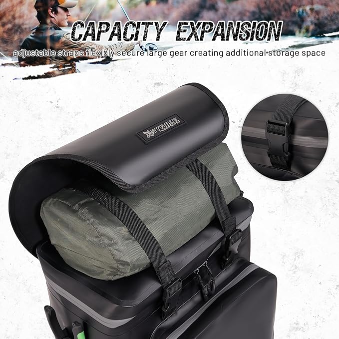 Fishing Tackle Backpack Dry Bag with rod holder 4 tackle boxes and Organizer, Waterproof 600D TPU Fabric with Heat Pressed Seams for Freshwater, Saltwater, Fly Fishing, Camping, and Hiking