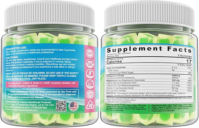 Potassium Citrate Gummies 1666mg for Adults - Potassium Supplement, Magnesium Glycinate, Zinc, B6, B12 & C – Electrolyte Gummies for Energy, Muscle Recovery & Leg Cramps, Sugar-Free, Vegan 60 Cts