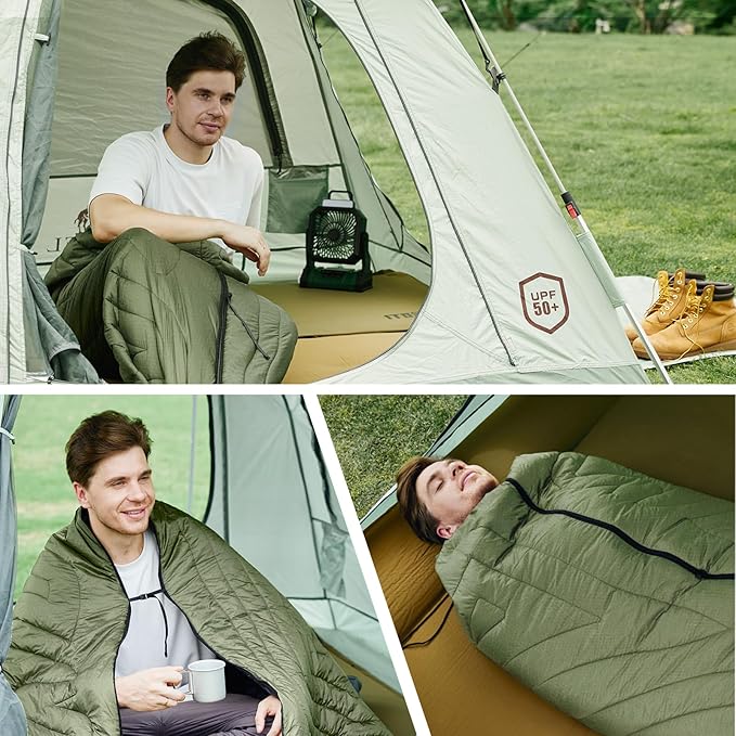 3M Thinsulate Insulation Camping Blanket, Packable, Lightweight Camp Quilt with Footbox, Zippered, Outdoor Sleeping Blanket for Backpacking, Travel, Stadium, Beach