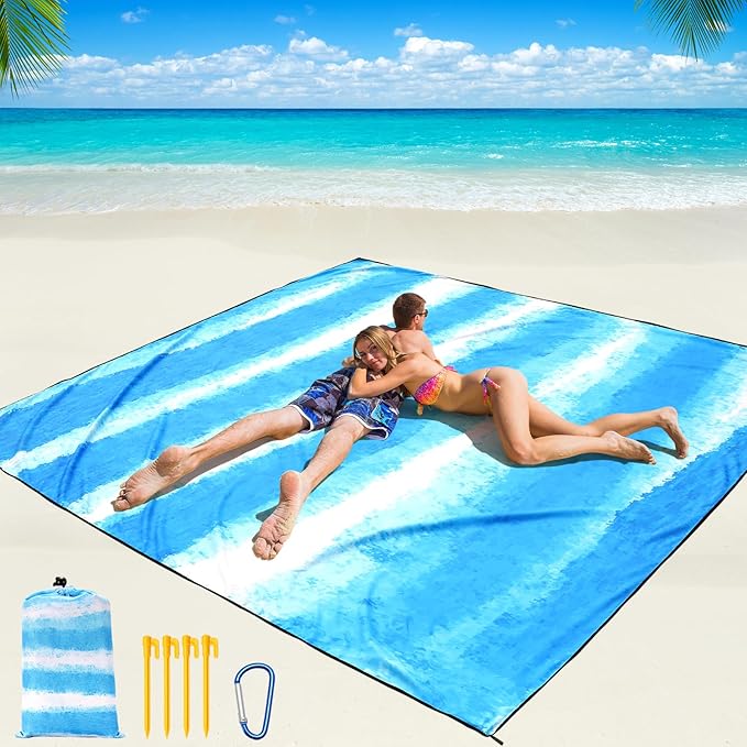 Beach Blanket Waterproof Sandproof Beach Mat 79" X 83" /10'x9'for 2-8 Adults Quick Drying Outdoor Picnic Mat Beach Accessories for Travel, Camping, Hiking