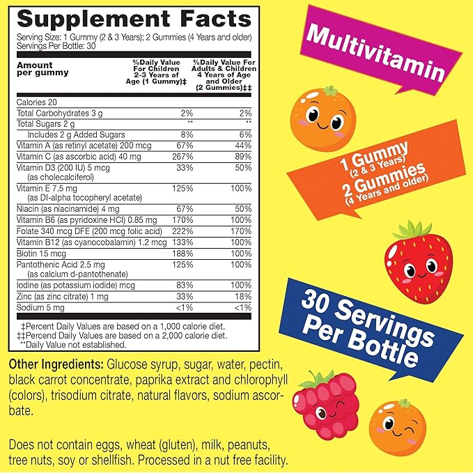 Kids Multivitamin Gummies | Vitamin C, D3, E, A, B6, B12, Biotin, Zinc, Folic Acid, Iodine, and Niacin | Immune and Energy Support | Orange and Berry Flavor | 60 Count
