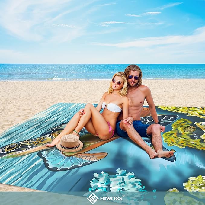 Beach Blanket Waterproof Sandproof Oversized 95”x 80”,Sand Free Beach Mat with Corner Pockets,Portable Mesh Bag for Beach Festival,Picnic,Travel and Outdoor Camping (Turtle Plus)
