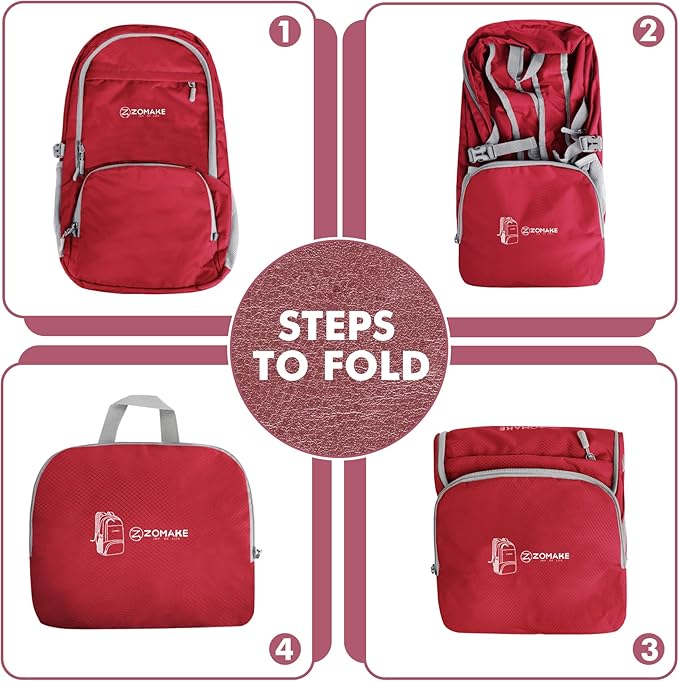 ZOMAKE Lightweight Packable Backpack 30L, Foldable Hiking Backpacks Water Resistant Compact Folding Daypack for Travel(Red)
