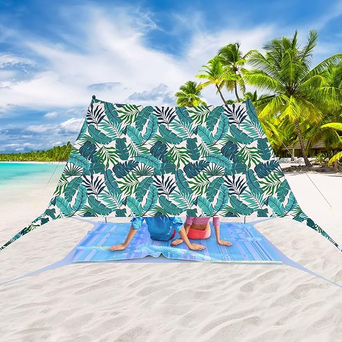 Beach Tent Pop Up Sun Shade Canopy Sun Shelter UPF50+ with 4 Stability Poles/Carry Bag/Ground Pegs/Sand Shovel/Windproof Ropes Portable Outdoor Family Sunshade for Beach Camping Fishing Picnic