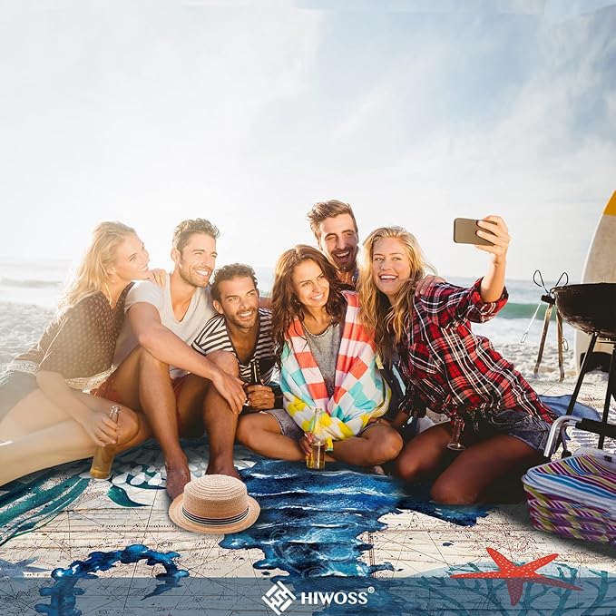 Beach Blanket Waterproof Sandproof Oversized 95”x 80”,Sand Free Beach Mat with Corner Pockets,Portable Mesh Bag for Beach Festival,Picnic,Travel and Outdoor Camping (Seahorse)