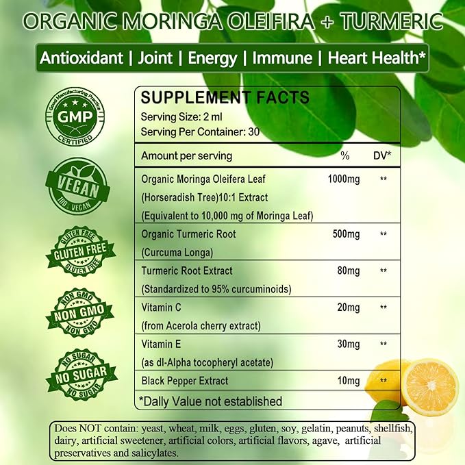 Pure Moringa Oleifera Liquid Drops, Organic Moringa Leaf Extract w. Turmeric, Black Pepper, Moringa Supplement for Energy Metabolism Immune Skin Joint & Gut, 6X Stronger Than Moringa Capsules Powder