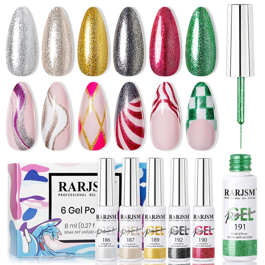 Rarjsm Metallic Painting Gel Nail Polish Set,Black Silver Gold Green Pink Black Glitter Platinum Effect Drawing Gel Polish 6 Pie