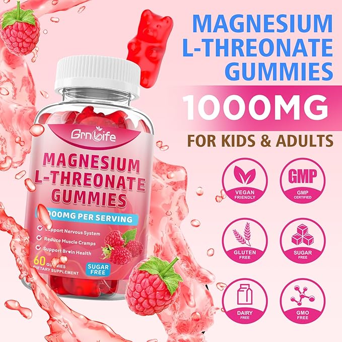 2 Pack Magnesium L-Threonate Gummies 1000MG, Magnesium Threonate Supplement for Kids & Adults, Muscle & Nervous System Support, Sugar-Free, Raspberry Flavor, 120 Count